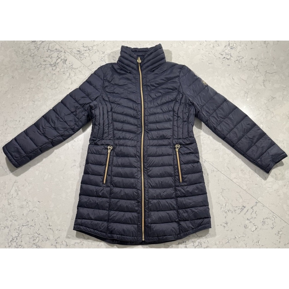 Michael Kors Packable Down Fill Puffer Jacket Womens Large Navy Blue Winter Coat
